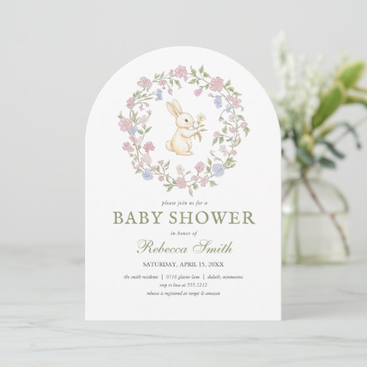 Groen Delicate  Floral Bunny Baby shower Kaart (Staand voorkant)