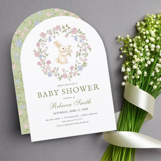 Groen Delicate Floral Bunny Baby shower Kaart