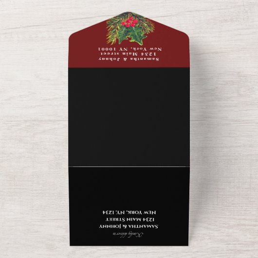groen dennen winter rood zwart Waterverf bruiloft All In One Uitnodiging (Buitenkant)