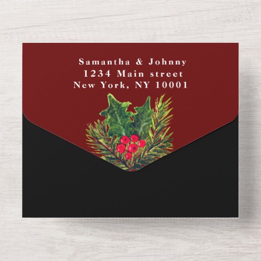 groen dennen winter rood zwart Waterverf bruiloft All In One Uitnodiging (Achterkant)