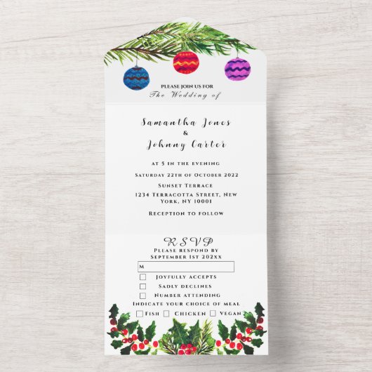 groen dennenappel winter Waterverf bruiloft All In One Uitnodiging (Binnen)