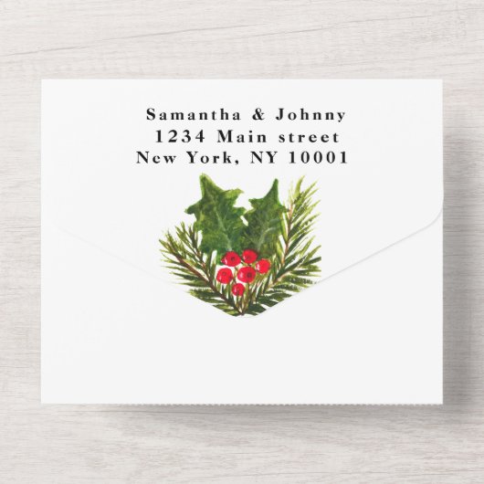 groen dennenappel winter Waterverf bruiloft All In One Uitnodiging (Achterkant)