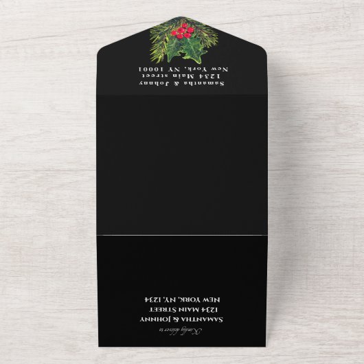 groen dennenappel winter zwart Waterverf bruiloft All In One Uitnodiging (Buitenkant)