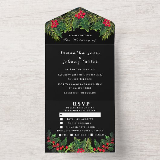 groen dennenappel winter zwart Waterverf bruiloft All In One Uitnodiging (Binnen)