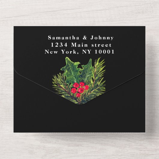 groen dennenappel winter zwart Waterverf bruiloft All In One Uitnodiging (Achterkant)