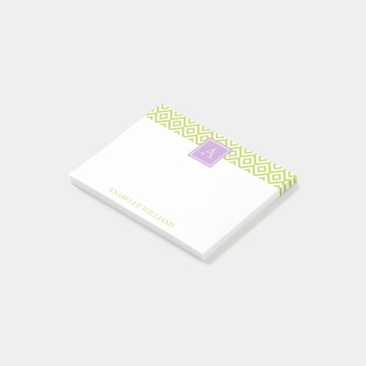 Groen diamantpatroon en Paars monogram Post-it® Notes (Schuin)