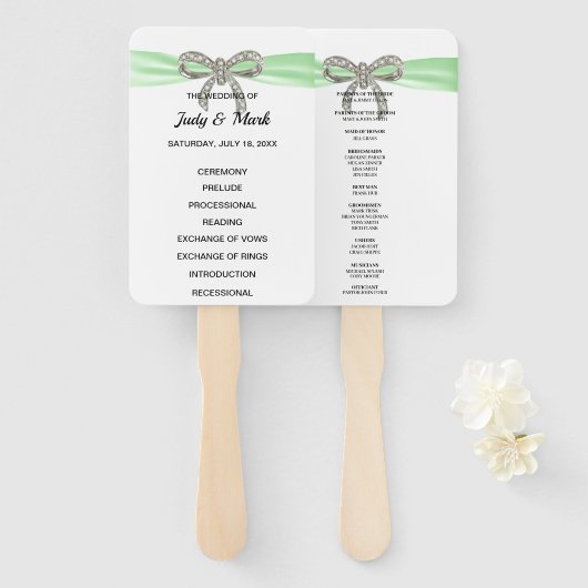 Groen Diamond Bow Wedding Programme Handwaaier (Voorkant en achterkant)
