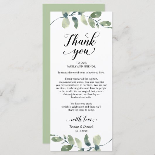 Groen, Diner Plaats Instelling Dank u kaart (Voorkant / Achterkant)