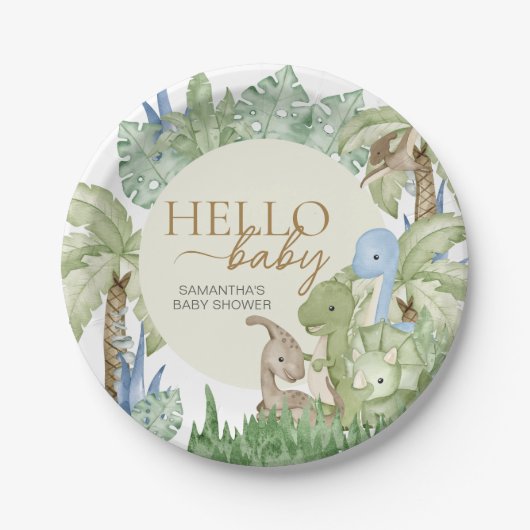 Groen Dinosaurus Baby shower Papieren Bordje (Voorkant)