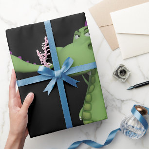Groen dinosauruskarakter met paarse stekels cadeaupapier