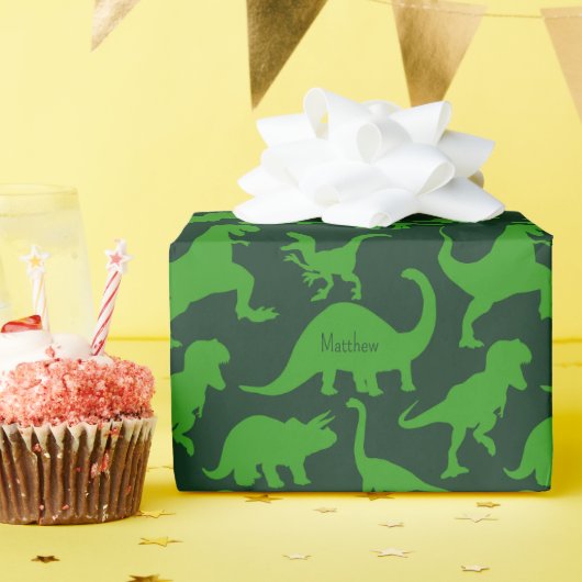 Groen dinosauruspatroon met Kind naam Cadeaupapier (Verjaardagsfeest)