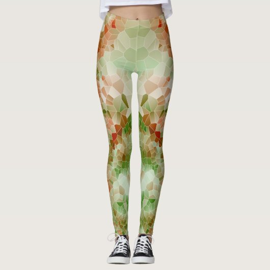 Groen & Donker Oranje Crystal Geometrisch Ontwerp Leggings (Voorkant)