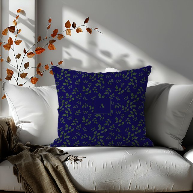 Groen donkerblauw patroon bladeren monogram kussen (Creator heeft geüpload)
