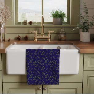 Groen donkerblauw patroon bladeren monogram theedoek