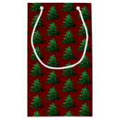 Groen donkerrood patroon met dunne kerstboom klein cadeauzakje (Achterkant)