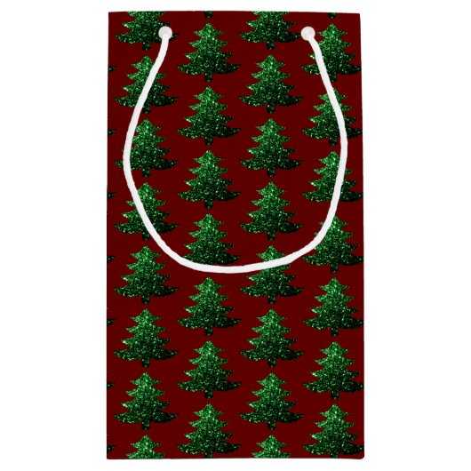 Groen donkerrood patroon met dunne kerstboom klein cadeauzakje (Achterkant)