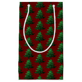 Groen donkerrood patroon met dunne kerstboom klein cadeauzakje (Voorkant)