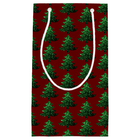 Groen donkerrood patroon met dunne kerstboom klein cadeauzakje (Voorkant)
