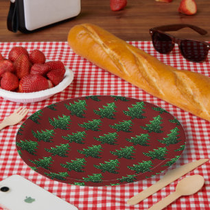 Groen donkerrood patroon met dunne kerstboom papieren bordje