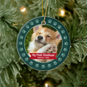 Groen Eerste Kerstmis Pet Puppy Foto Paws Custom Keramisch Ornament
