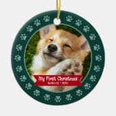 Groen Eerste Kerstmis Pet Puppy Foto Paws Custom Keramisch Ornament (Voorkant)