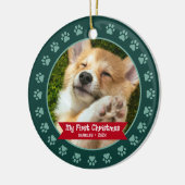 Groen Eerste Kerstmis Pet Puppy Foto Paws Custom Keramisch Ornament (Links)