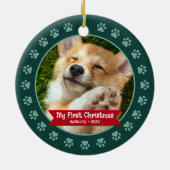 Groen Eerste Kerstmis Pet Puppy Foto Paws Custom Keramisch Ornament (Achterkant)
