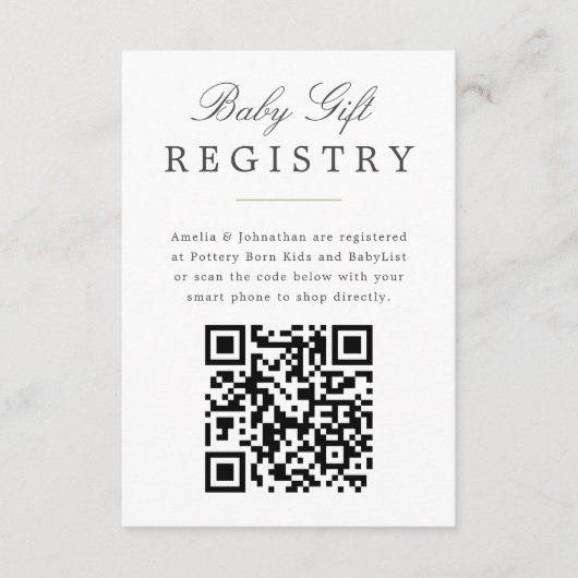 Groen Elegant Baby Gift Registry met QR code Informatiekaartje (Voorkant)