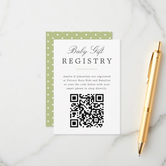 Groen Elegant Baby Gift Registry met QR code Informatiekaartje (Voorkant / Achterkant in situ)