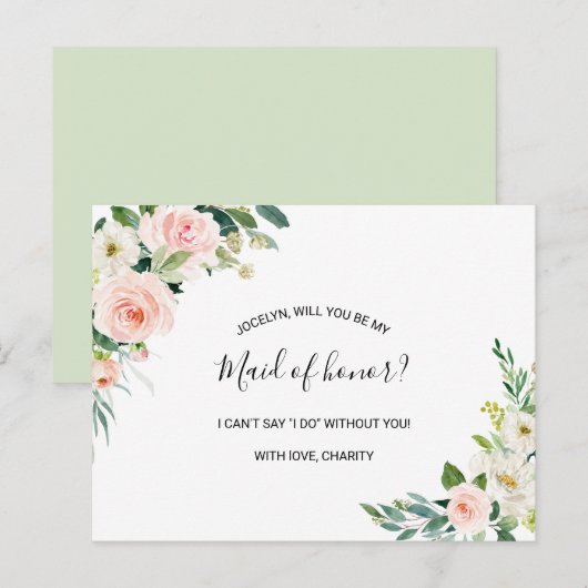 Groen Elegant Bloemen Maid of Honor Uitnodiging Briefkaart (Voorkant / Achterkant)