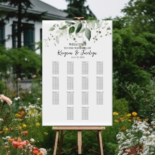 Groen elegant bruiloft zitgrafiek 14 tafels poster