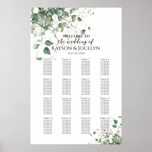 Groen elegant bruiloft zitgrafiek 16 tafels poster (Voorkant)