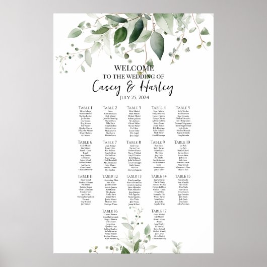 Groen elegant bruiloft zitgrafiek 17 tafels poster (Voorkant)