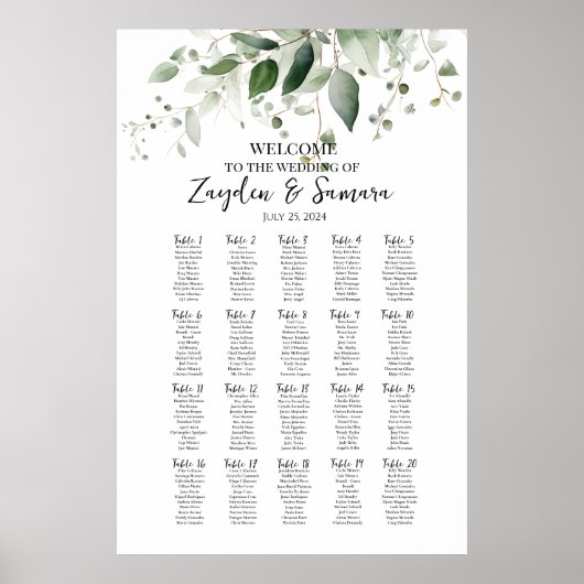 Groen elegant bruiloft zitgrafiek 20 tafels poster (Voorkant)