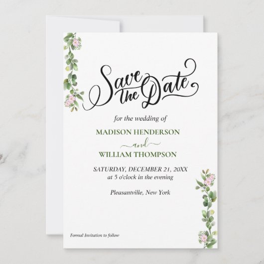 Groen Elegant en Bloemen Bruiloft Save The Date Kaart (Voorkant)