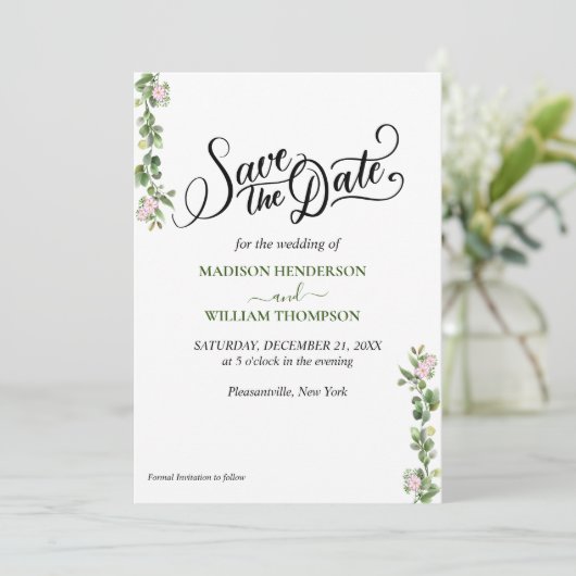 Groen Elegant en Bloemen Bruiloft Save The Date Kaart (Staand voorkant)