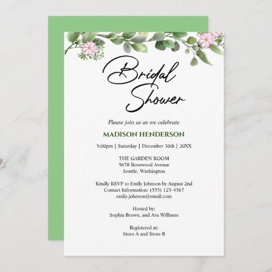 Groen Elegant en Bloemen Bruiloft Vrijgezellenfees Kaart (Voorkant / Achterkant)