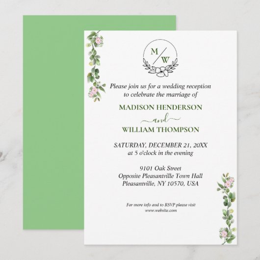 Groen Elegant en Bloemen Huwelijksreceptie Kaart (Voorkant / Achterkant)