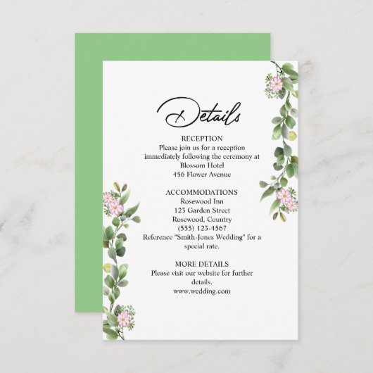 Groen Elegant en mooi bloemenhuwelijk Informatiekaartje (Voorkant / Achterkant)
