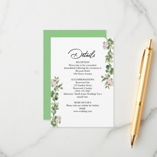 Groen Elegant en mooi bloemenhuwelijk Informatiekaartje (Voorkant / Achterkant in situ)