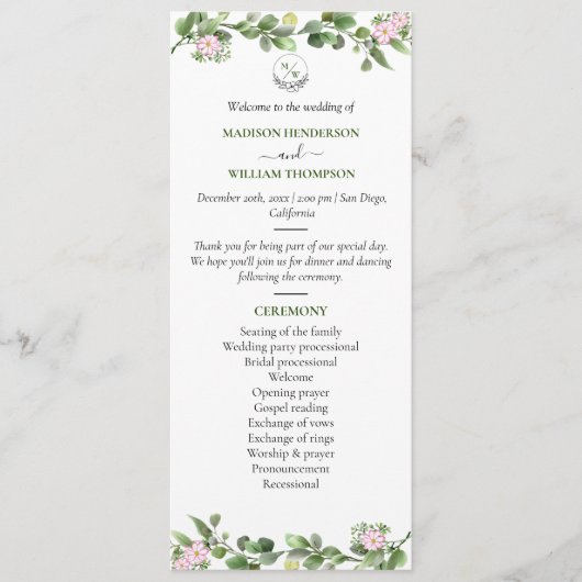 Groen Elegant en mooi bloemenhuwelijk Programmakaart (Voorkant)