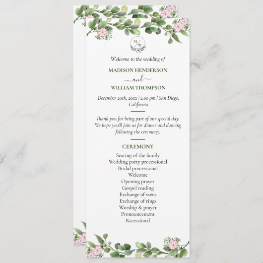 Groen Elegant en mooi bloemenhuwelijk Programmakaart (Voorkant / Achterkant)