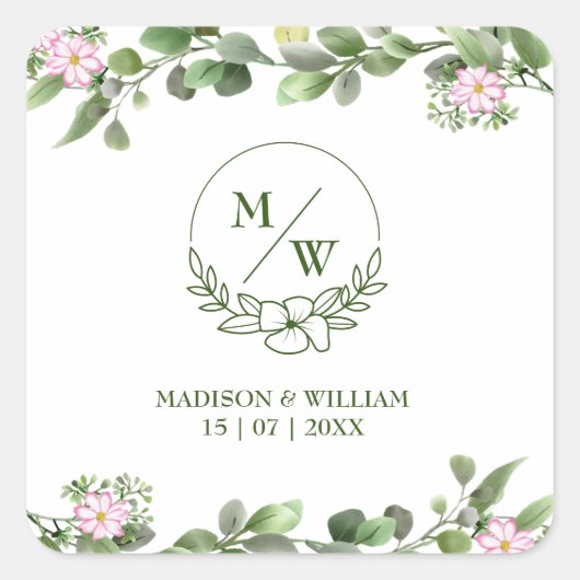 Groen Elegant en mooi bloemenhuwelijk Vierkante Sticker (Voorkant)