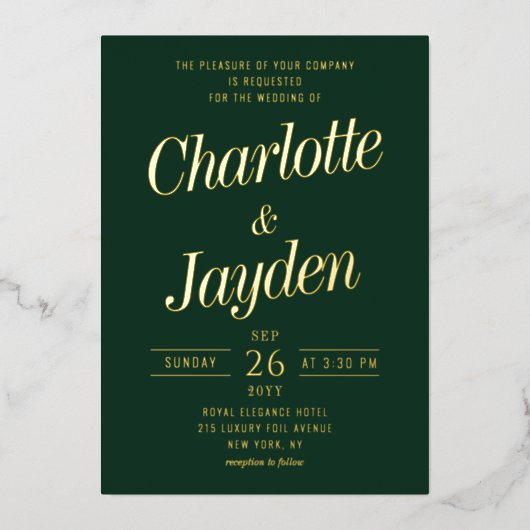 Groen Elegant Folie Script Fotobruiloft Folie Uitnodiging (Voorkant)