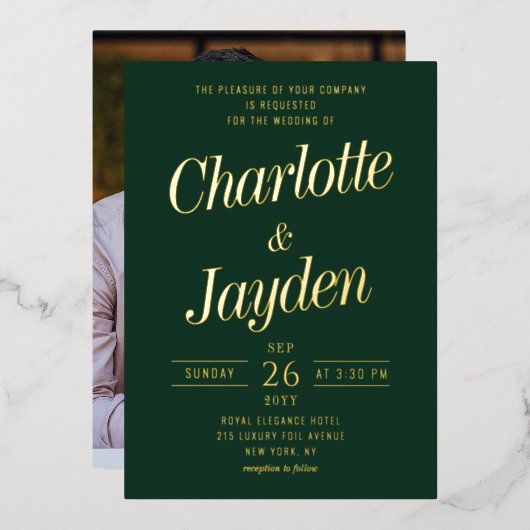 Groen Elegant Folie Script Fotobruiloft Uitnodiging (Voorkant / Achterkant)
