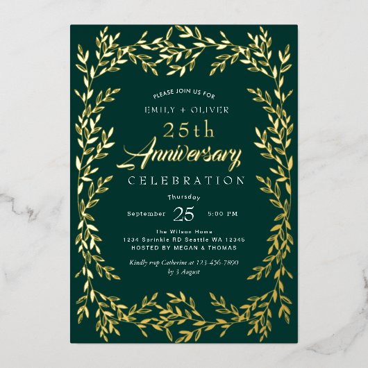 Groen Elegant Gold Leaf Jubileum Folie Uitnodiging (Voorkant)