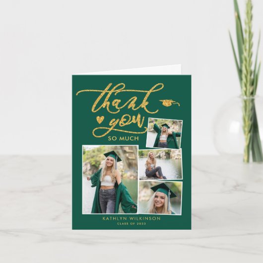 Groen Elegant Gold Script 4 Foto Afstuderen Bedankkaart (Voorkant)