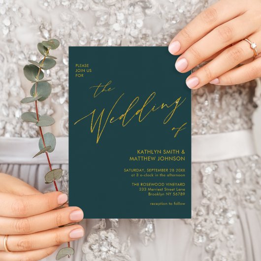 Groen elegant Gold-script in één bruiloft Kaart