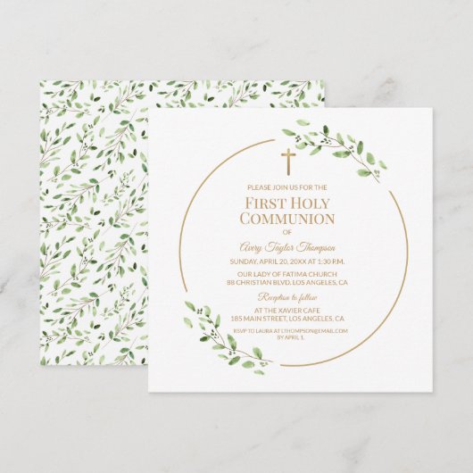 Groen Elegant Gouden Kruis Eerste Heilige Communie Kaart (Voorkant / Achterkant)