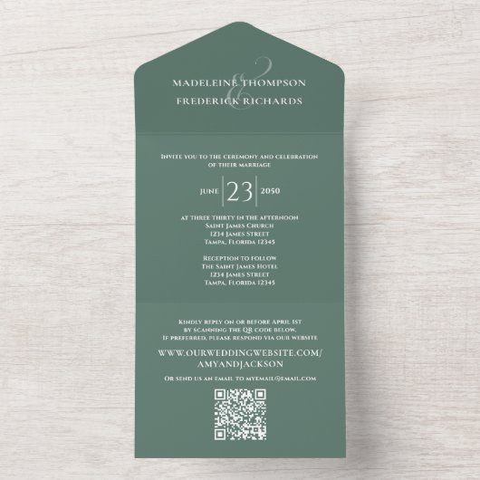 Groen Elegant Huwelijk QR Code Custom All In One Uitnodiging (Binnen)